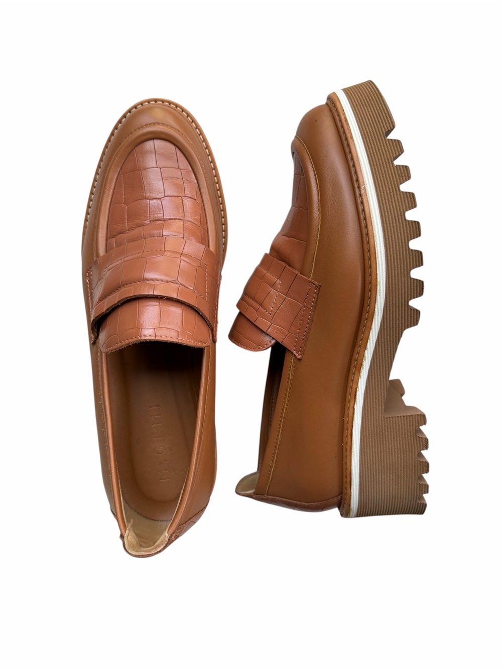 M.Gemi Elsa Croc Embossed Italian Leather Loafers Chunky Heel Tan US 7.5/8